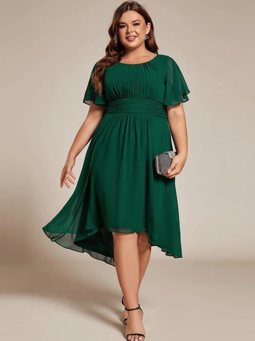 Ever Pretty Green Pleated Round Neckline Chiffon High Low Midi Dress